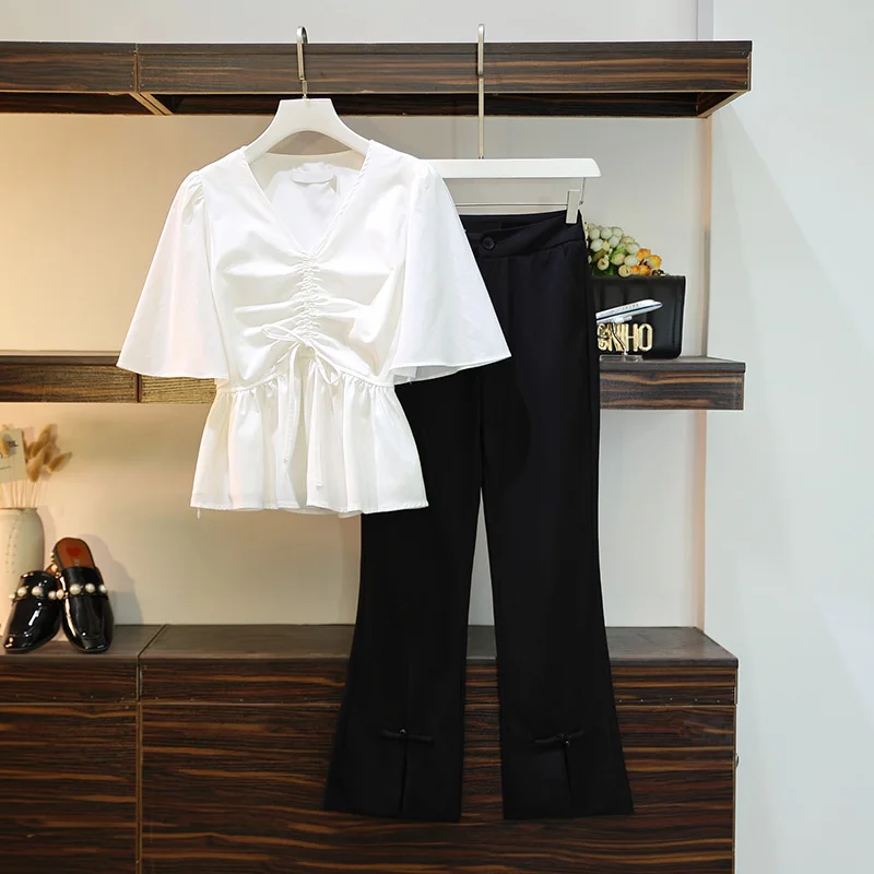 

Temperament Professional Suit New Summer 2022 Large Size Women's Wear Age Reducing Thin Shirt Micro Flare Pants Two-piece Set