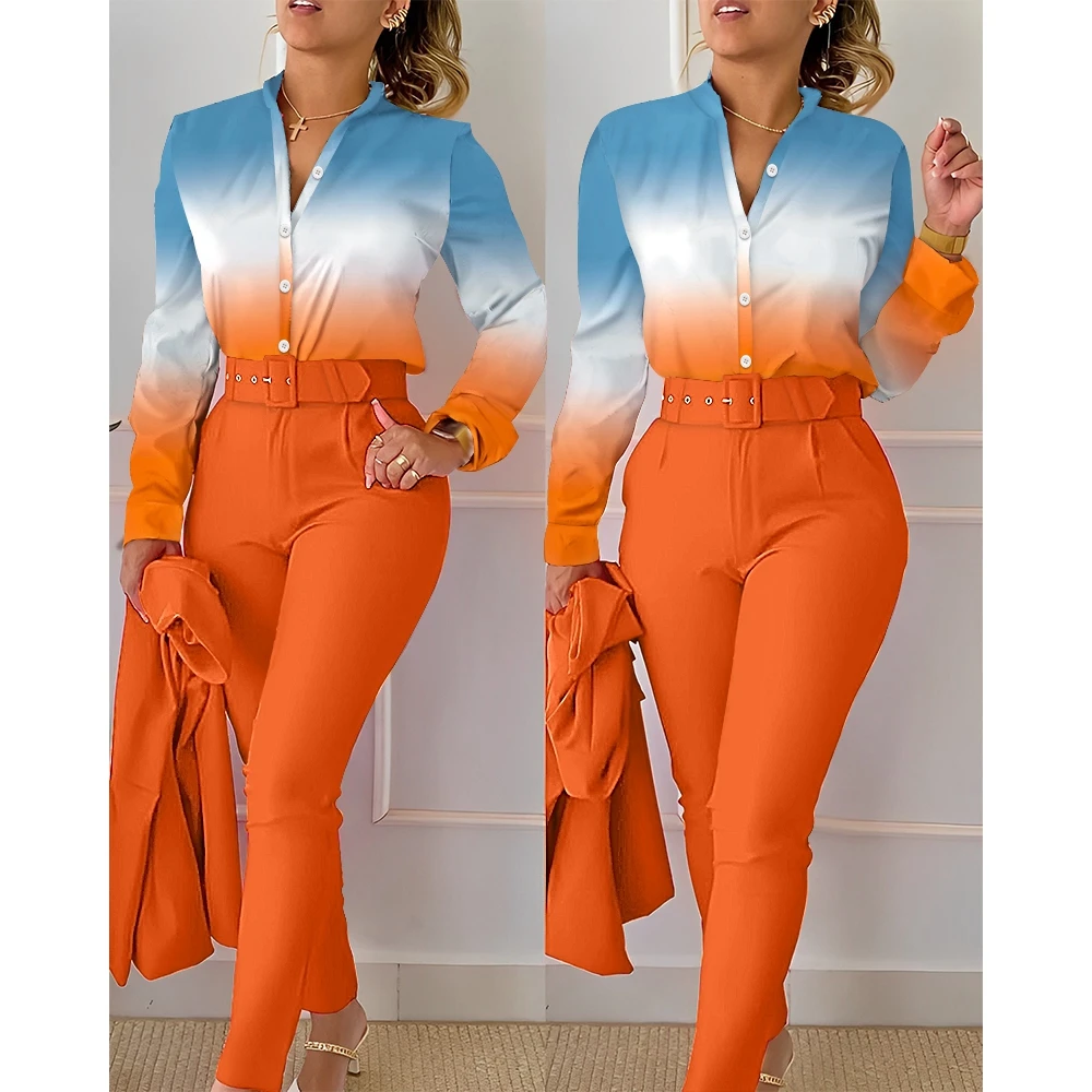 Casual Summer Women Ombre Buttoned Shirt & High Waist Pants Set Korean Style Two Pieces Workwear New In Suit 2023 y2k Clothes