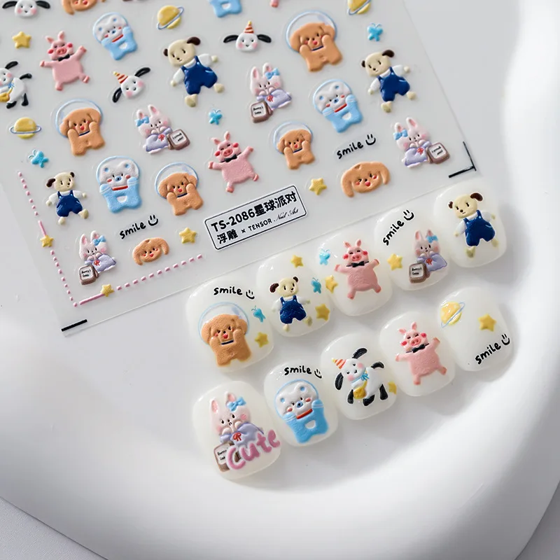 

1 Sheet 5D Realistic Relief Cute Cat Dog Pig Animal Planet Party Adhesive Nail Art Stickers Decals Manicure Charms Accessories