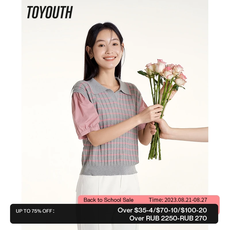 

Toyouth Women Fake Two Piece Knitwear 2023 Summer Puff Sleeves Polo Neck Stretch Loose T-shirt Contrasting Stripes Casual Tops