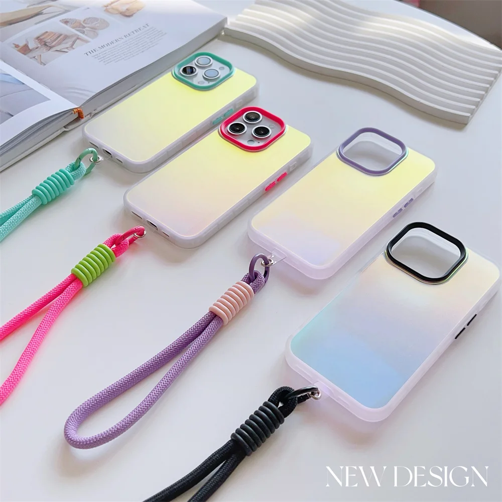 Luxury Wrist Strap Lanyard Aurora Gradient Matte Case for iPhone 16 12 11 15 14 13 Pro Max Plus Laser Shockproof Slim Cover