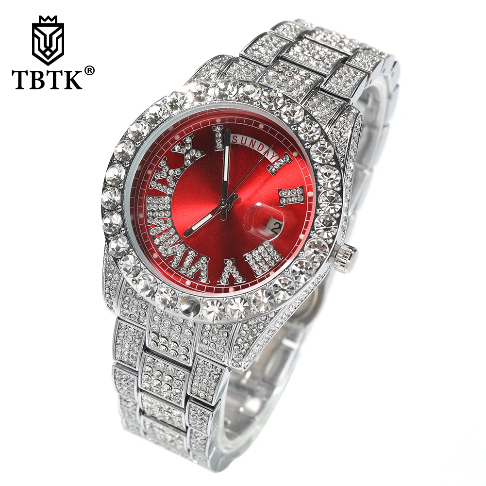 

TBTK Dual Movement Men's Watch Big Dial Iced Out Quartz Clock Luxury Rhinestone Business Waterproof Wrist Watches