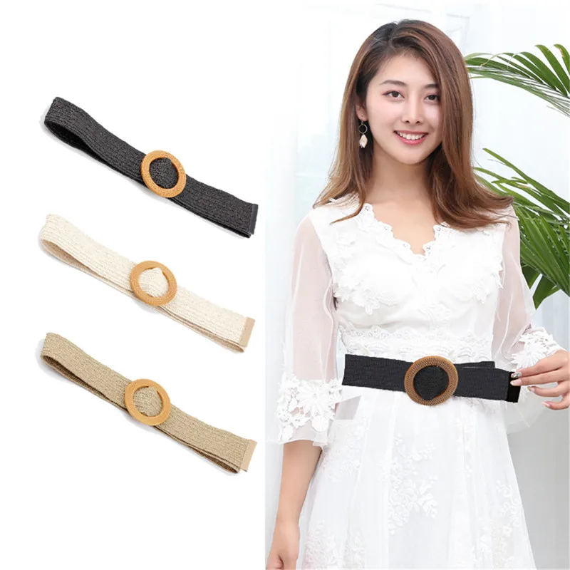 

1PC Women Fashion Casual Straw Belt Round Wooden Buckle Elastic Waist Chain Belly Necklace Body Jewelry Dress Shirt Accessories