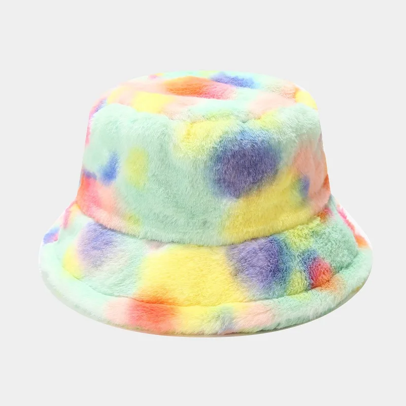 

Autumn Winter Women Warm Faux Fox Fur Basin Color Rainbow Hats Female Fashion Casual Furry Bucket Hat Tie-Dyeing Thickened Hat