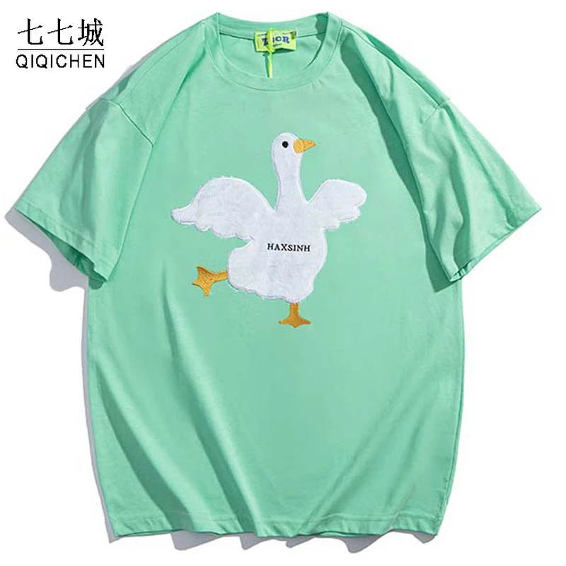 

Summer Street T Shirts Men Cartoon Duck Flocking Embroidery Japanese T Shirts Casual Loose Cotton College Tops Tees Women New