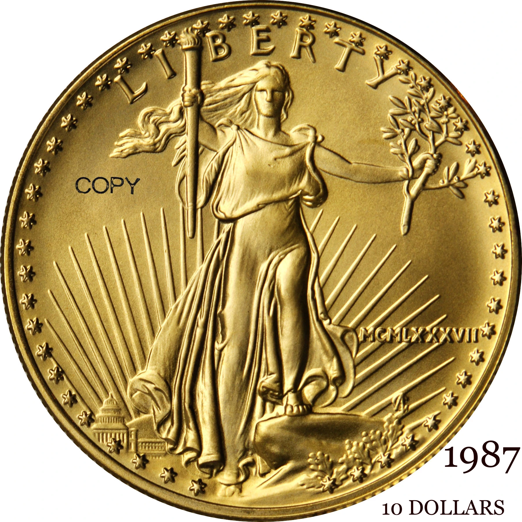 

United States US 1987 10 Ten Dollars Quarter Ounce American Gold Eagle Bullion Coinage USA Liberty Gold Brass Metal Copy Coin