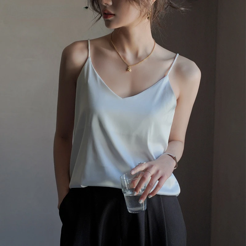 

Faux Silk Bottom Camisole Tank Top Women 2023 Women Summer Fashion Satin Camisole Top Solid Color Loose Camisole