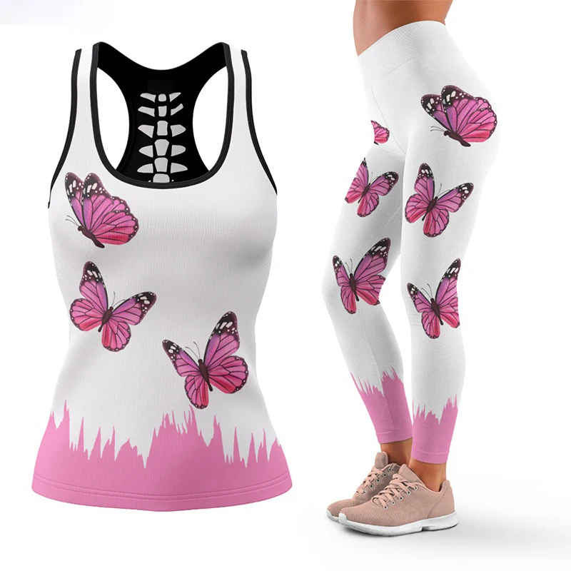 

New Butterfly 3D Print Yoga Leggings Summer Vest for Women Sports Suit Yoga Tank Tops Leggings Suit
