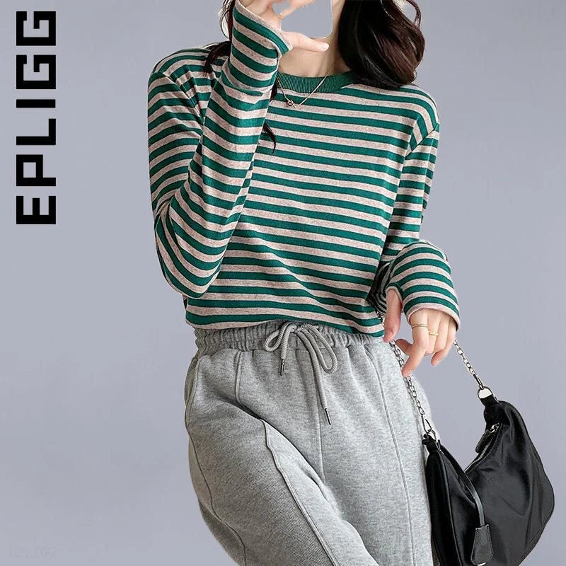 

Epligg Women 2022 Shirt Slim Elegant Tshirt Simple Office Top Womens Ladies Stripe Tops Women Retro Basic Soft Party Tops Female