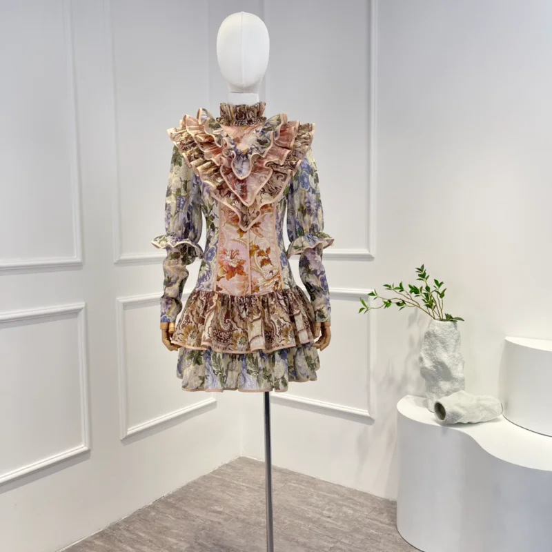 

2023 New Arrival summer Elegant Ladies Top Quality Flower Print Multi Pleated Vintage Mini Dresses for Women Court Style Clothes