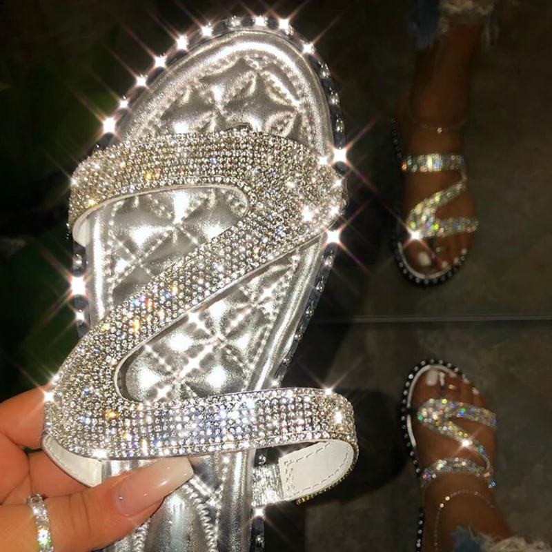 

Шлепанцы женские на платформе, пляжные сандалии с кристаллами, на Плоском Каблуке, летняя обувь