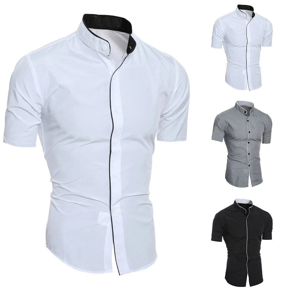 

Summer Man Short Sleeve Shirt Solid Fitness Mens Stand Collar Super Slim Fit Business Dress Shirt Button Gym Tops