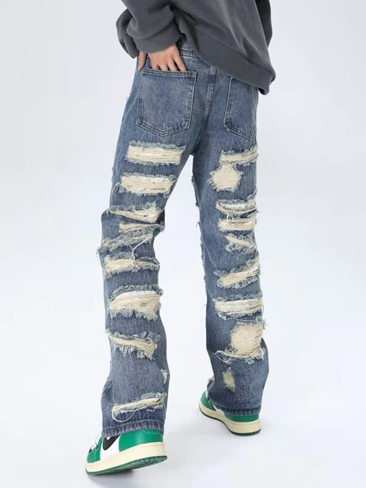 Vintage Ripped Men's Jeans with Baggy Loose Fit and Streetwear Style Hip Hop Style Men's Loose Baggy Jeans