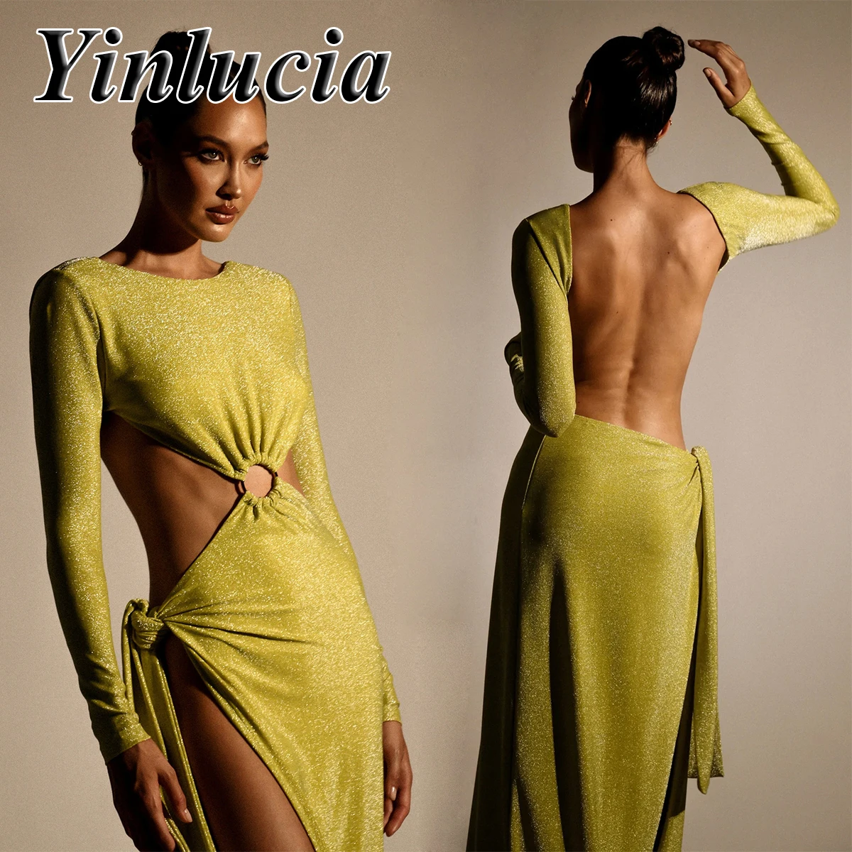 

Новинка, блестящее облегающее платье с люрексом, сексуальное открытое металлическое кольцо с цепочкой, элегантное облегающее вечернее платье