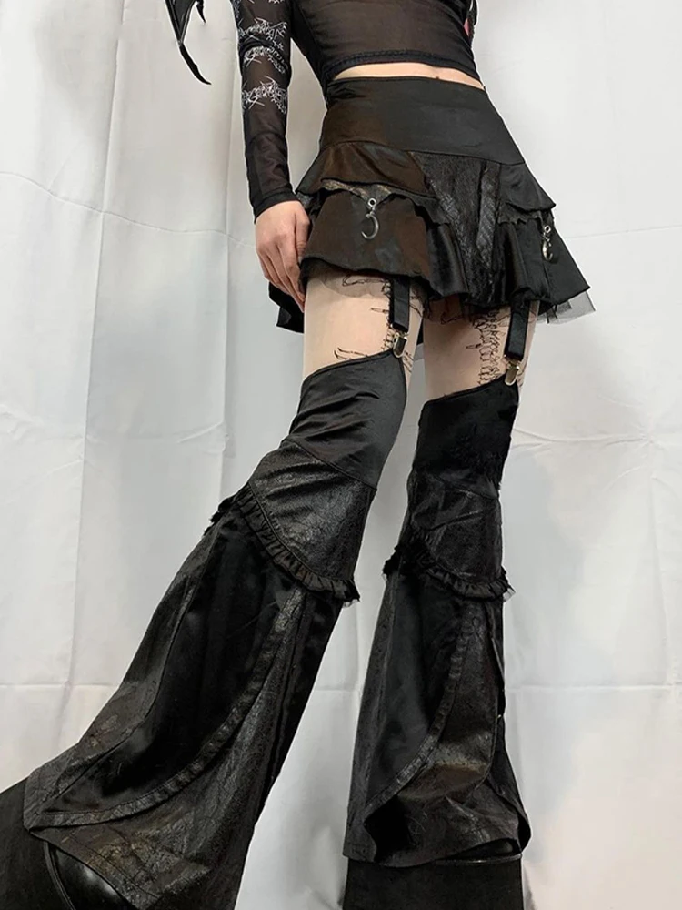 

Винтажное тёмное платье-трапеция с брюками, однотонные готические мини-юбки со средней талией, в стиле пэчворк из искусственной кожи, женск...