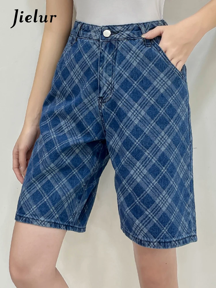 Jielur Брюки женские клетчатые с завышенной талией узкие прямые свободные