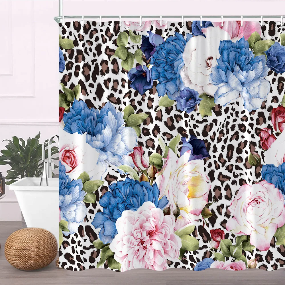 

Leopard Flower Shower Curtain Cute Pink Rose Blue Red Floral Mix Wild Animal Leopard Pattern Background Creative Bathroom Decor