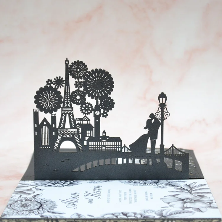 

Europea Style Envelope Laser Cut Pocket Fold Black 3d Invitation Card with Eiffel Tower Wedding Pop up