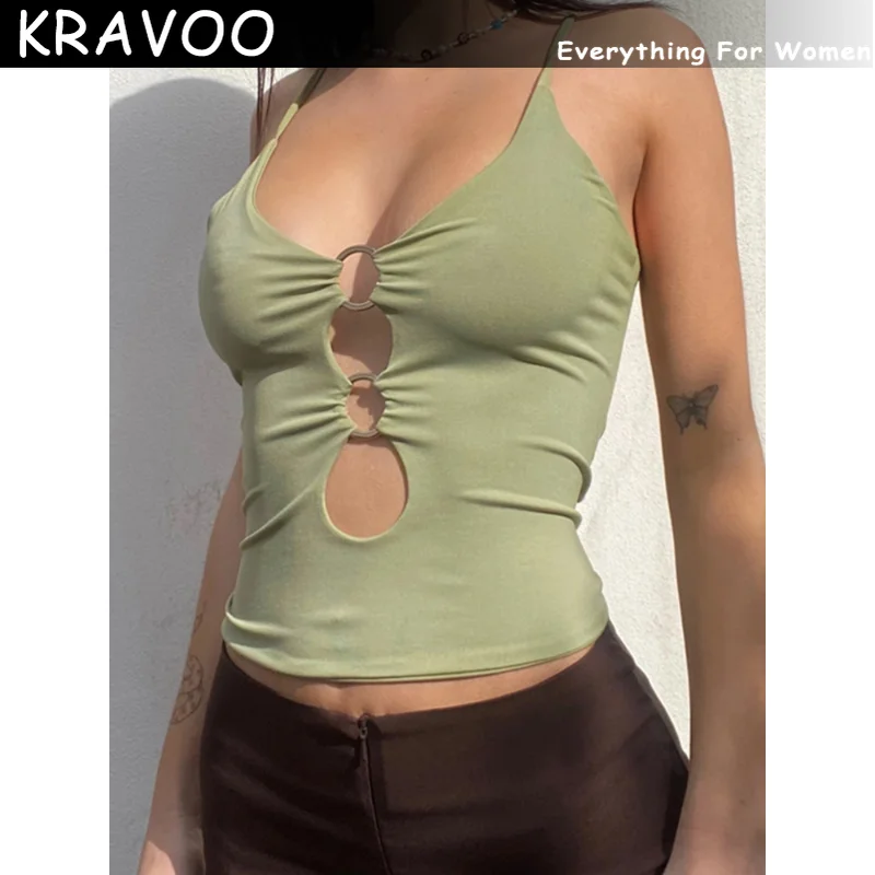 

KRAVOO 2023 Solid Casual Sleeveless Cami Top Women Backless Hollow Out Sexy Crop Tops Tees NEW Fashion Fitness Camisole 2023