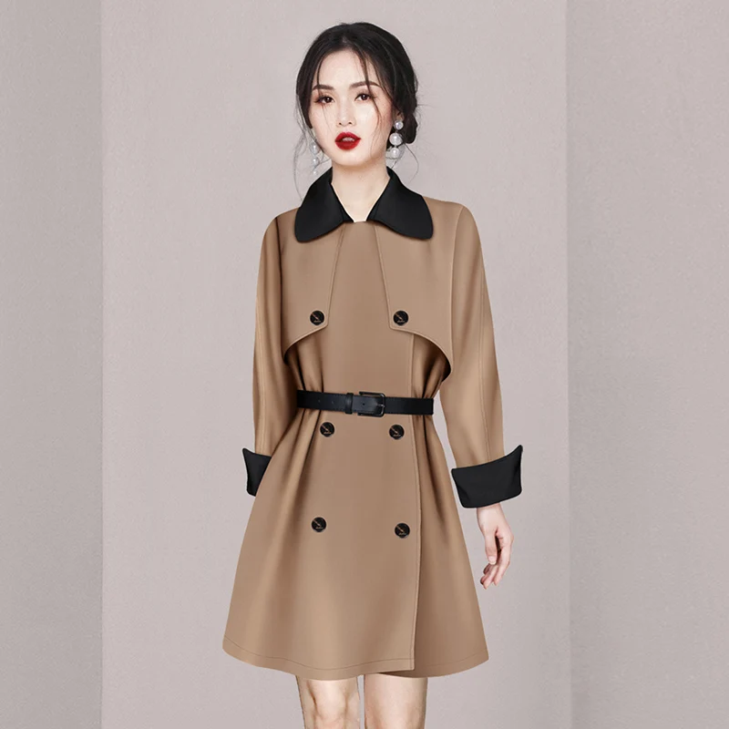 England Style Autumn Winter Hit Color Trench Coat Dress Fashion Women Lapel Double-Breasted Office Ladies Mini Dresses With Belt