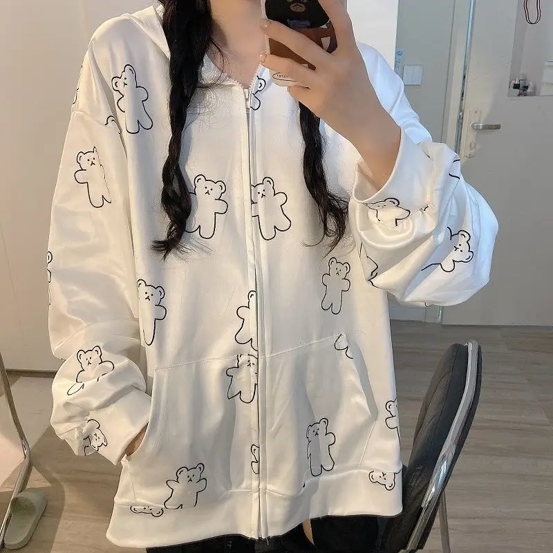 

White Y2k Kawaii Hoodies Women Korean Style Zip Up Hoodie 2021 Fashion Ladies Sweatshirt Long Sleeve Cute Top Harajuku Pullover