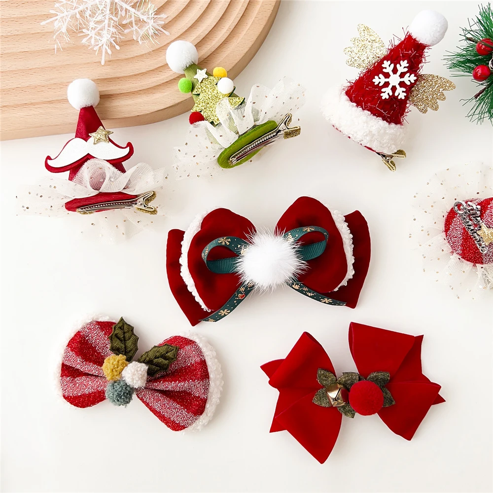 Christmas Festival Bow Hairpin Cute Fabric Hat Side Clip Bangs Hair Accessory Hairpin，Christmas hair clip |