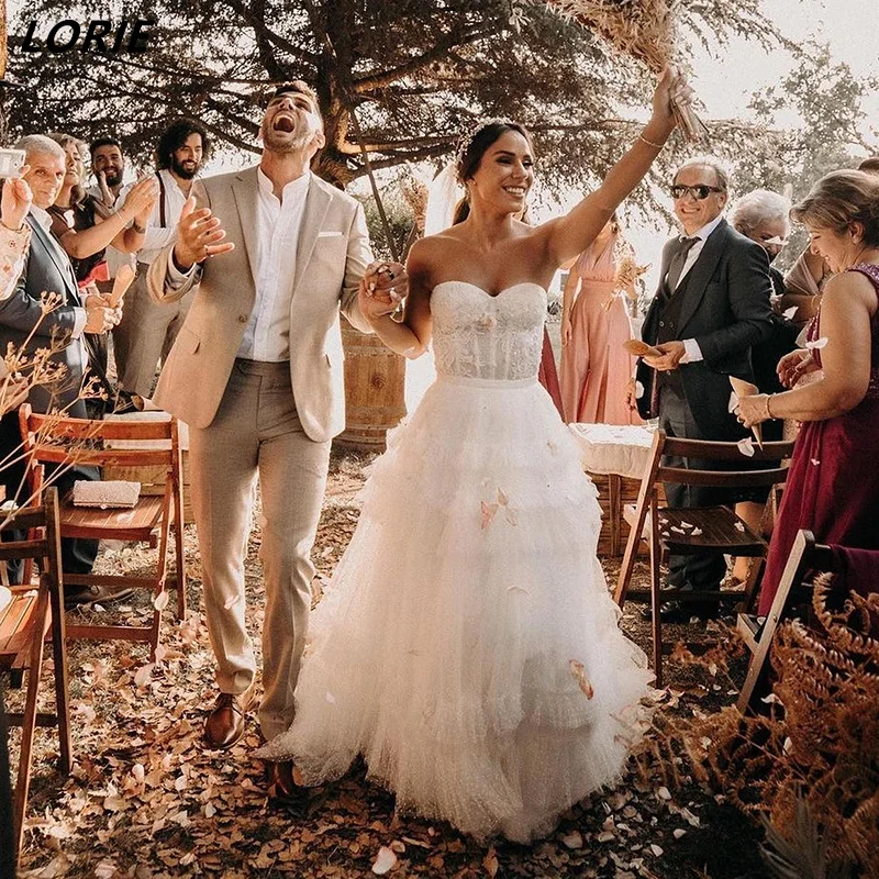 

Великолепные кружевные свадебные платья LORIE с открытыми плечами 2022, женское платье с юбкой в несколько рядов из тюля в горошек, платье для не...