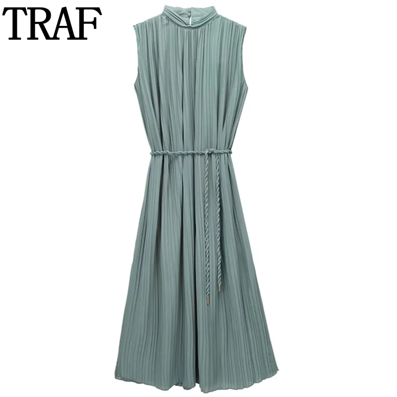 

Платье-миди женское Плиссированное без рукавов с поясом и разрезом