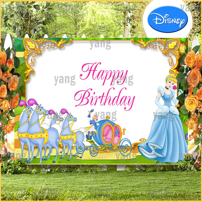 Cartoon Disney Romantic Pumpkin Carriage Backdrop Princess Blue Dress Cinderella Birthday Party Custom Background Baby Shower