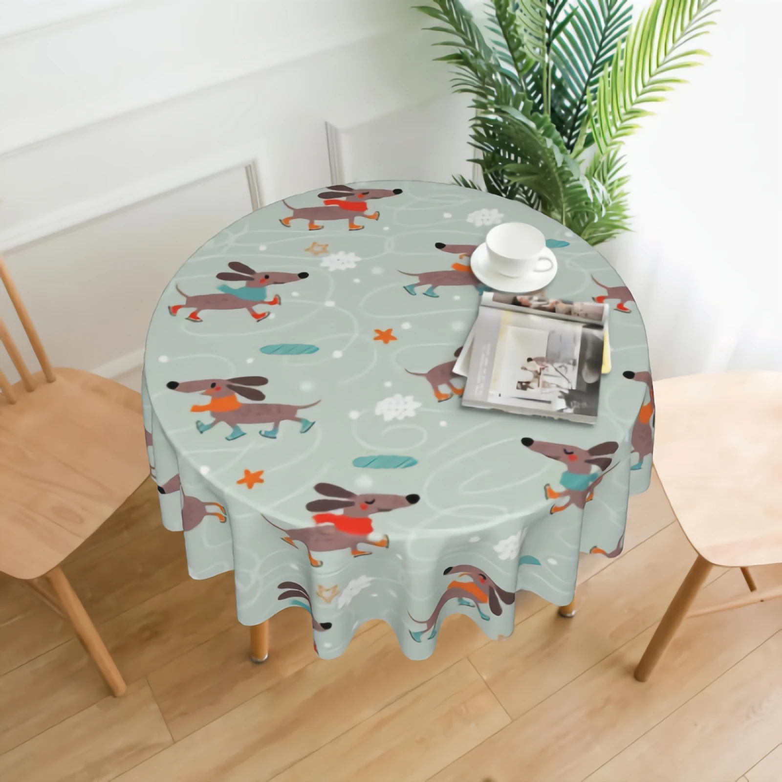 

Dachshund Dog With Scarf Round Tablecloth Waterproof Cartoon Puppy Dog Table Cloth Wrinkle Free Decorative Tablecloths Cover