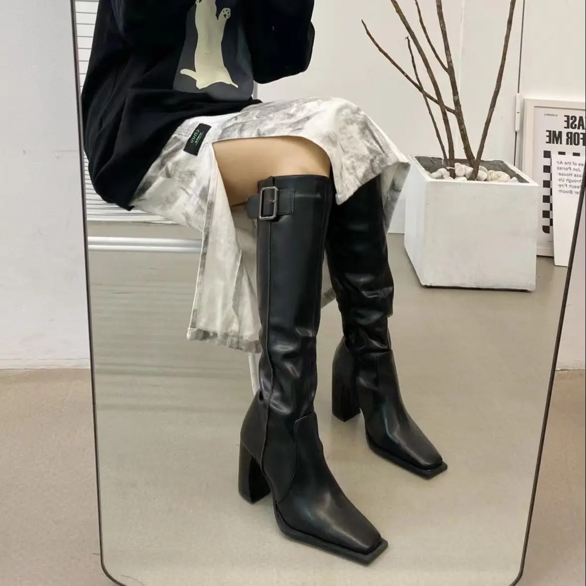 

Square Toe Women Knee High Boots Black Brown Belt Buckle Thick High Heels Winter Party Pumps Western Botas Size 35-39 Elegant