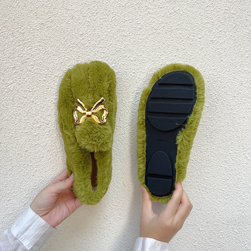 Bowknot Sweet Fluffy Shoes Female Fall and Winter Outer Wear Warm Doug Single-Layer Shoes