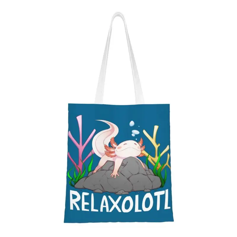 

Relaxolotl A Cute Relaxing Axolotl On A Rock Shopping Tote Bag Reusable Ambystoma Mexicanum Grocery Canvas Shoulder Shopper Bag