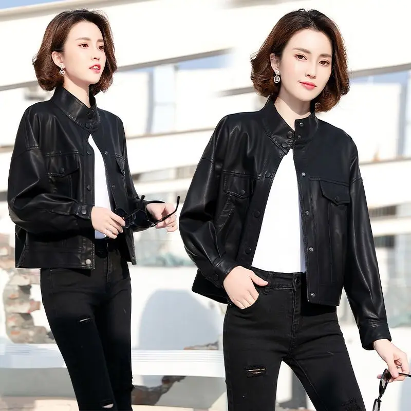 High Quality 2022 Fall Women Leather Jacket Women Pu Faux  Short Leather Long Sleeve Casual Leather Top PU Drop-shoulder L27