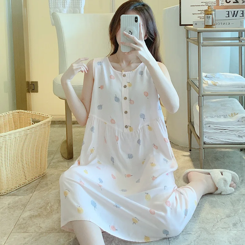 Summer Women's Tank Top Button Sleeping Dresses Thin Sleeveless Spaghetti Straps Floral Print Sleepwear Length To The Shank
