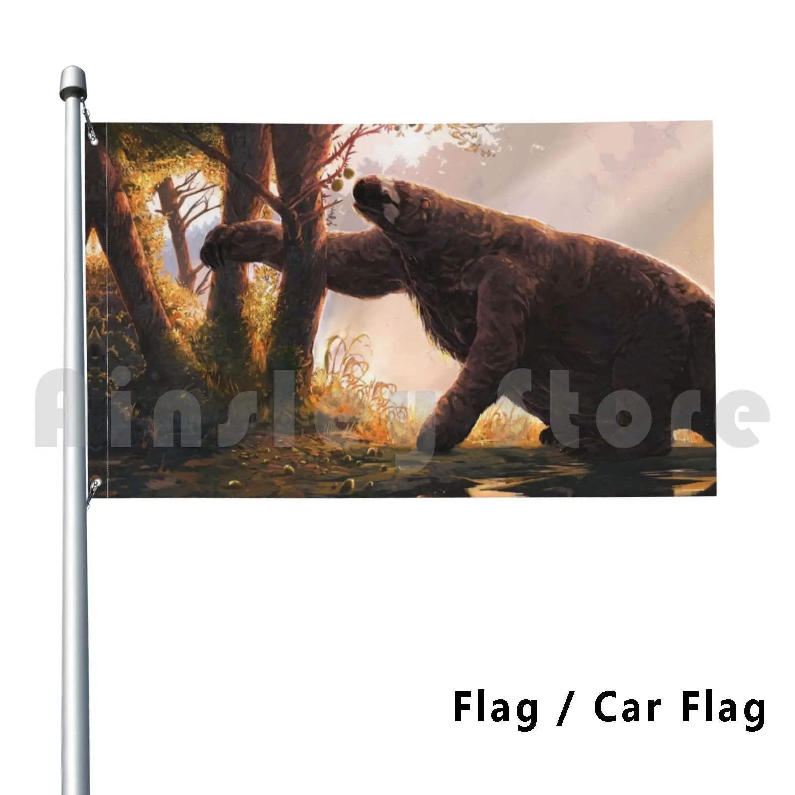 Флаг наружного декора с изображением гигантского ленивца-мегалоникса, питающегося на открытом воздухе во времена плейстоцена, когда жили вымершие мегафауны.