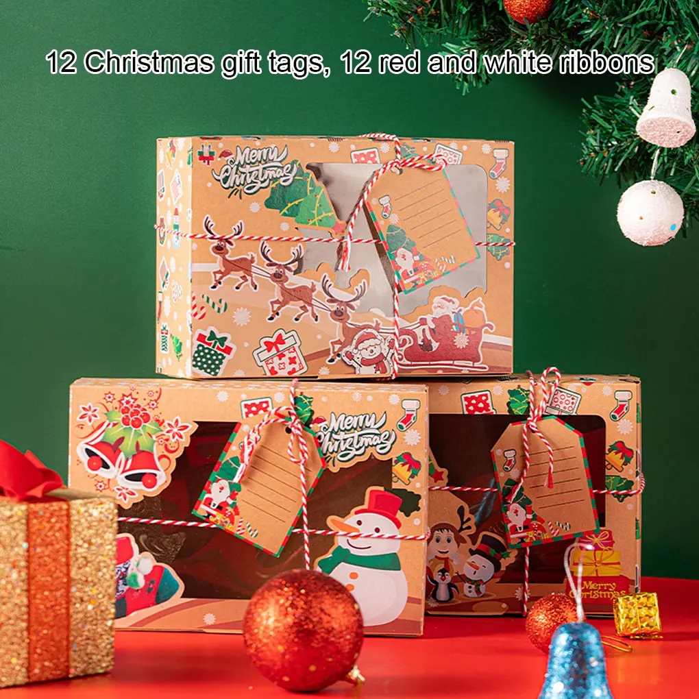 

12pcs Paper Gift Boxes Christmas Present Muffin Snacks Packaging Box Paper Xmas Snowman Santa Claus Box with Greeting Card