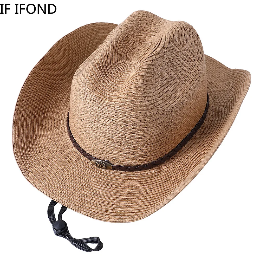 56-58-60CM Big Size Straw Western Cowboy Hat for Men Summer Curling Brim Beach Sun Hats Panama Cowgirl Hats sombreros de vaquero