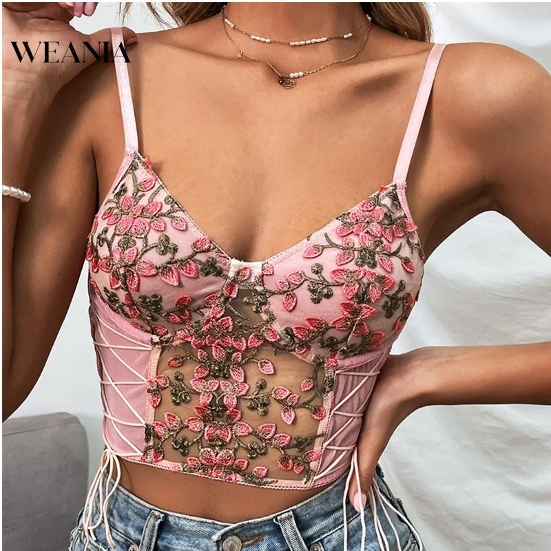 

WENIA Ins Style Women Rose Embroidery V-neck Mesh Tank Top