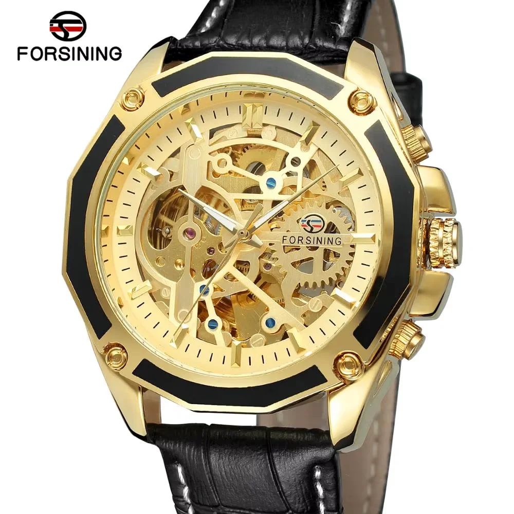 Часы FORSINING модный тренд крутой дизайн с полой резьбой черный кожаный ремень