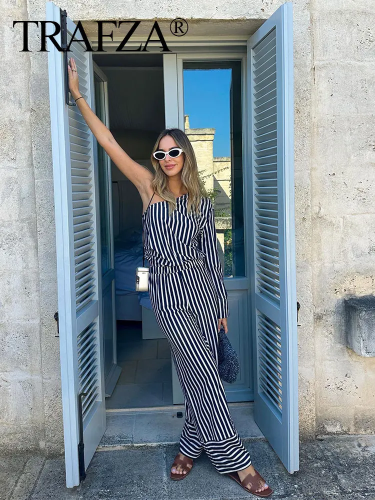 

TRAF ZA 2023 Woman's Suits Black White Stripes Slant Collar One Shoulder Long Sleeve Blouses+High Waist Elastic Waist Long Pants