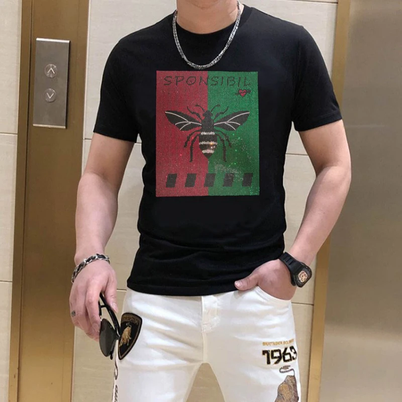 

100% Cotton Breathable Quality Mens Summer Men Fashion T-shirt Tops Polos Shirts Male Rhinestone Casual T-Shirt