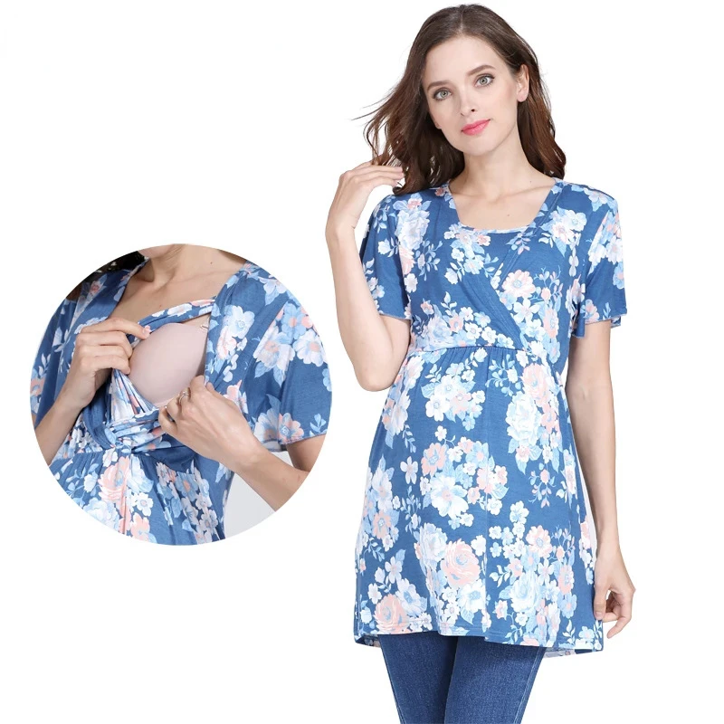 Summer Print Maternity Top Pregnant Women Breastfeeding T-Shirt Short Sleeve Nursing Shirt Pregnancy Clothes