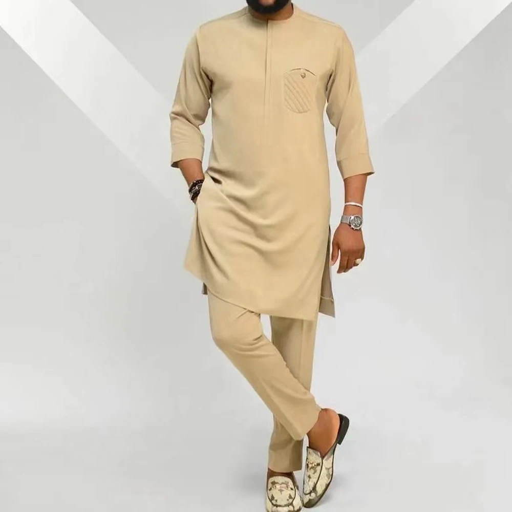 Kaftan Men's Set 3/4 Sleeves Shirt Tops Pants Muslim African Ethnic Style 2-Piece Suit Clothing Fashion Party Outfits Fashion