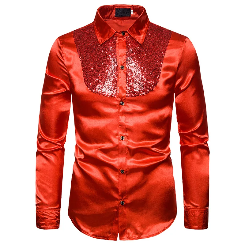 

Men 'S Shirt Sequined Performance Host MC Men's Lapel Long Sleeve Shirt