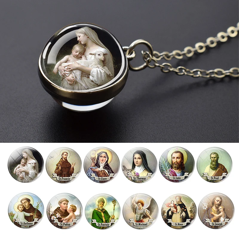 

Jesus and Virgin Mary Necklace Saint Michael Jude Anthony Patrick Paul Glass Ball Pendant Religious Jewelry Christian Gift