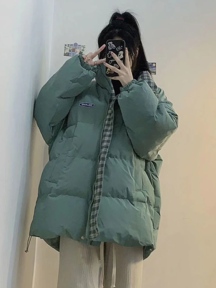 2022 Winter Fashion Parka Coat Women'S Plaid Patchwork Street Harajuku Warm Casual Jacket Loose Simple High Collar