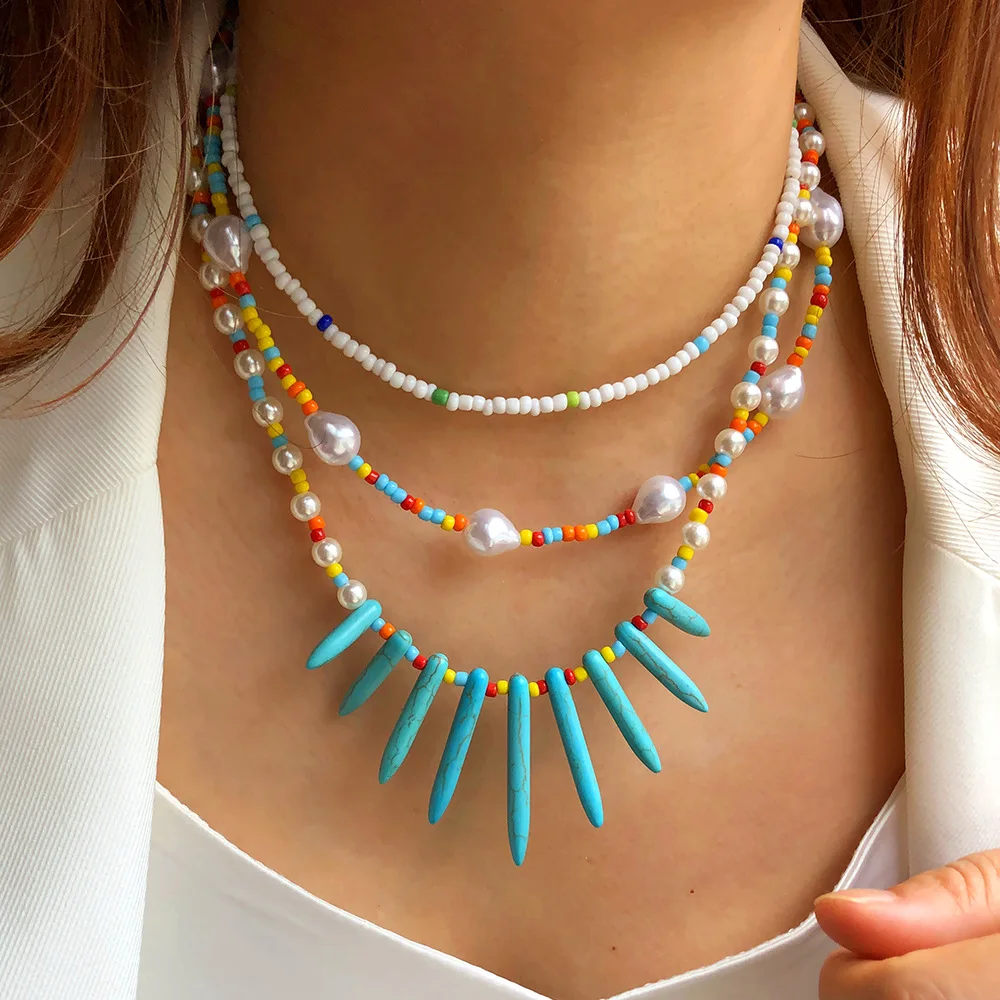 

European and American jewelry summer multi-layered pearl Stone clavicle chain mixed color millet bead necklace