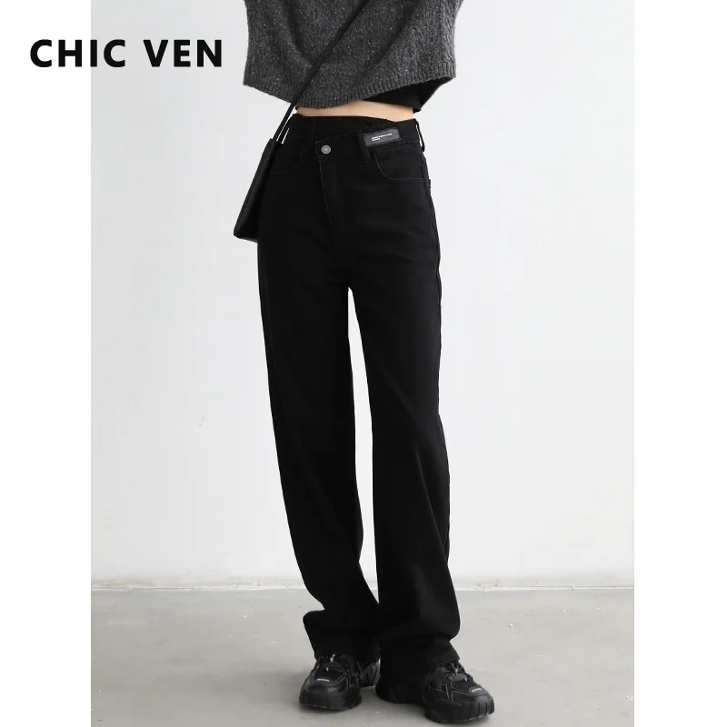 

CHIC VEN Women's Jeans Black Irregular Waist Straight Leg Wide Denim Pants Casual Female Trousers Streetwear Spring Summer 2023