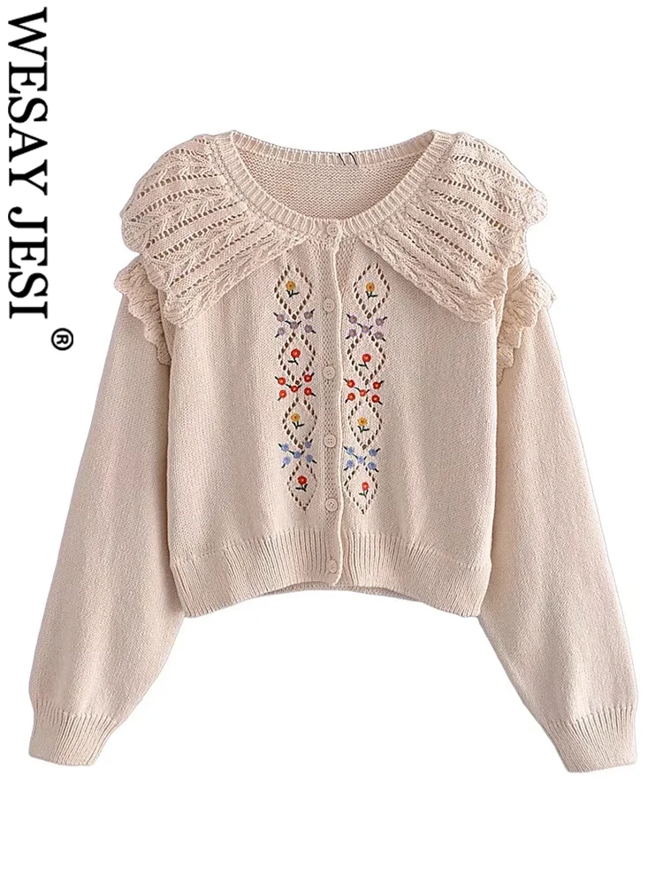 

Осенний Женский вязаный однобортный свитер WESAY JESI с вырезом лодочкой и длинным рукавом с вышивкой и рюшами винтажный Повседневный свитер y2k